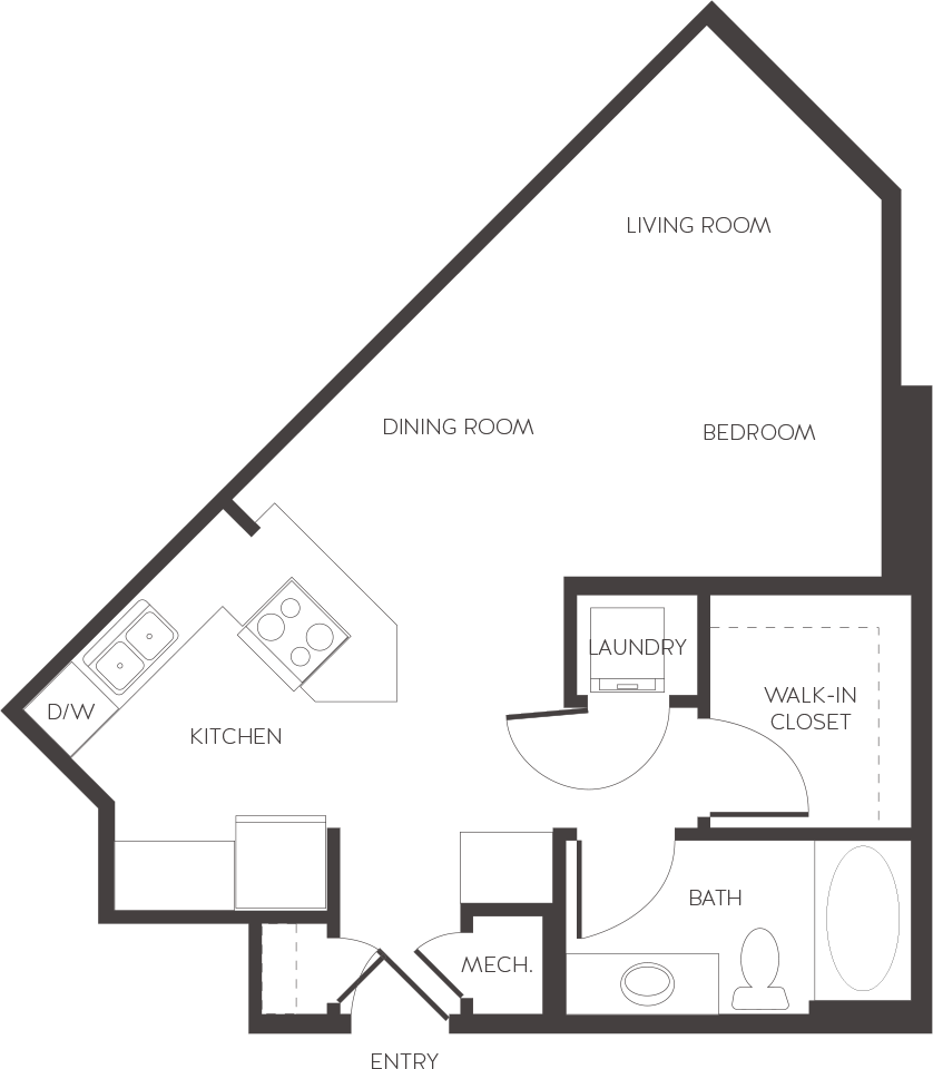 Floor plan for studio, 1 bath, 626 sqft